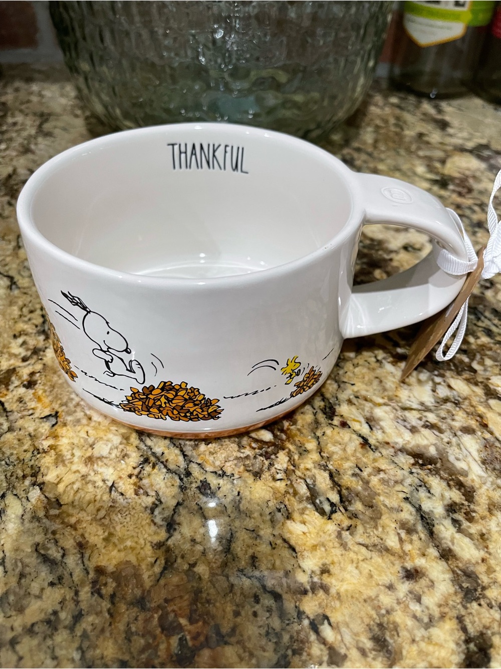 Rae Dunn Peanuts Charlie Brown & Snoopy leaves oversize THANKFUL mug - NEW!
